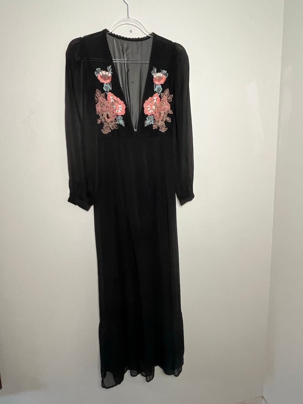 Cleobella Black Embroidered Floral V-Neck Maxi Dress Long Sleeve XS